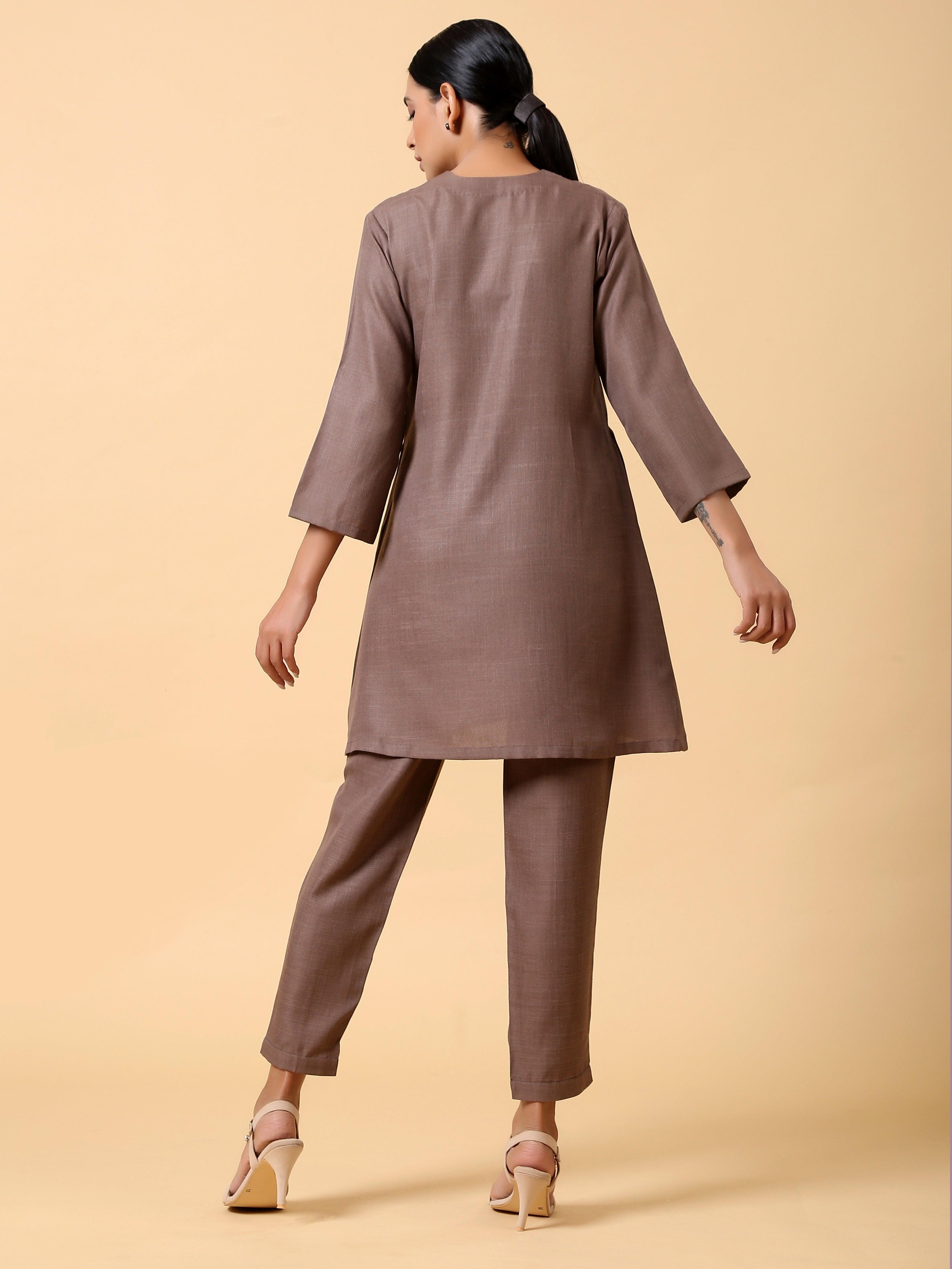 trueBrowns Cotton Linen Burnt Brown Pleated Co-Ord Set - Distacart