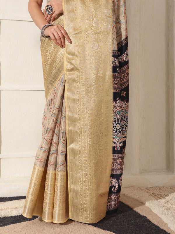 Shivam Fabrics Beige Lichi Patta Fabric Printed Saree