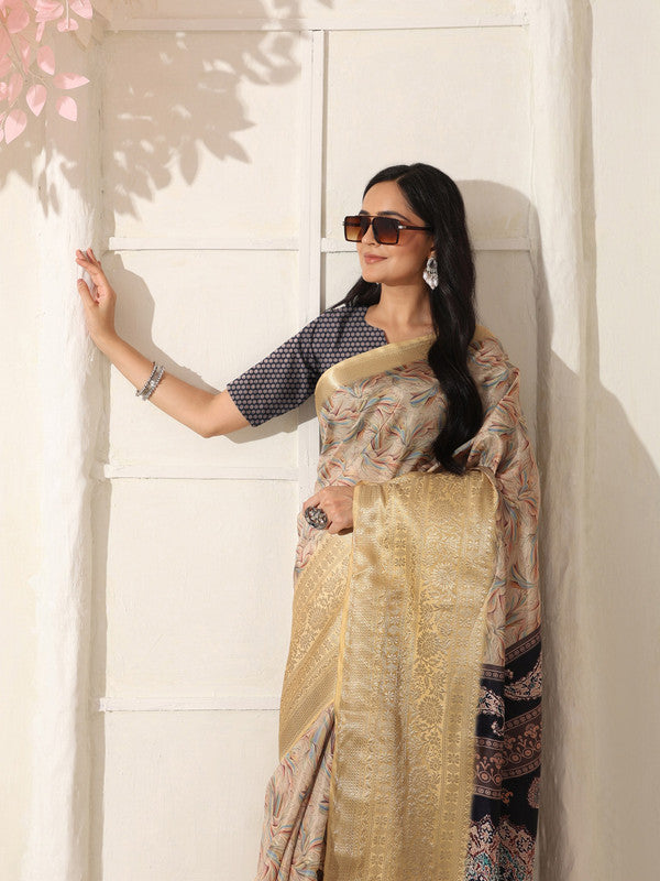 Shivam Fabrics Beige Lichi Patta Fabric Printed Saree