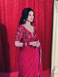 Thumbnail for Lorenvalley Fashion Premium Magenta Georgette Satin Saree with Stitched Embroidery Blouse