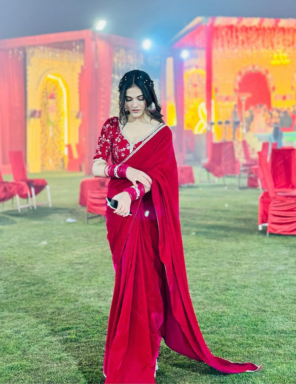 Lorenvalley Fashion Premium Magenta Georgette Satin Saree with Stitched Embroidery Blouse - Distacart