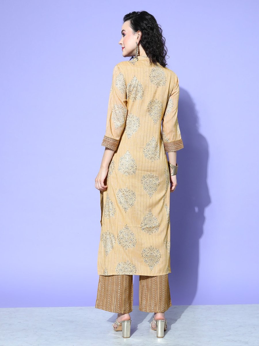 All About You Beige Floral Printed Regular Gotta Patti Liva Kurta With Palazzos - Distacart