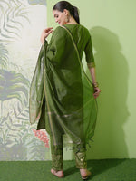Thumbnail for Vishudh Green Ethnic Motifs Yoke Design Zari Straight Kurta With Trousers & Dupatta - Distacart