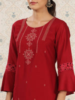 Thumbnail for Ode by House of Pataudi Red Ethnic Motifs Embroidered Bell Sleeves Kurta - Distacart