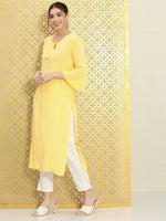 Thumbnail for Ode by House of Pataudi Women Yellow & White Striped Bell Sleeves Rozana Kurta - Distacart