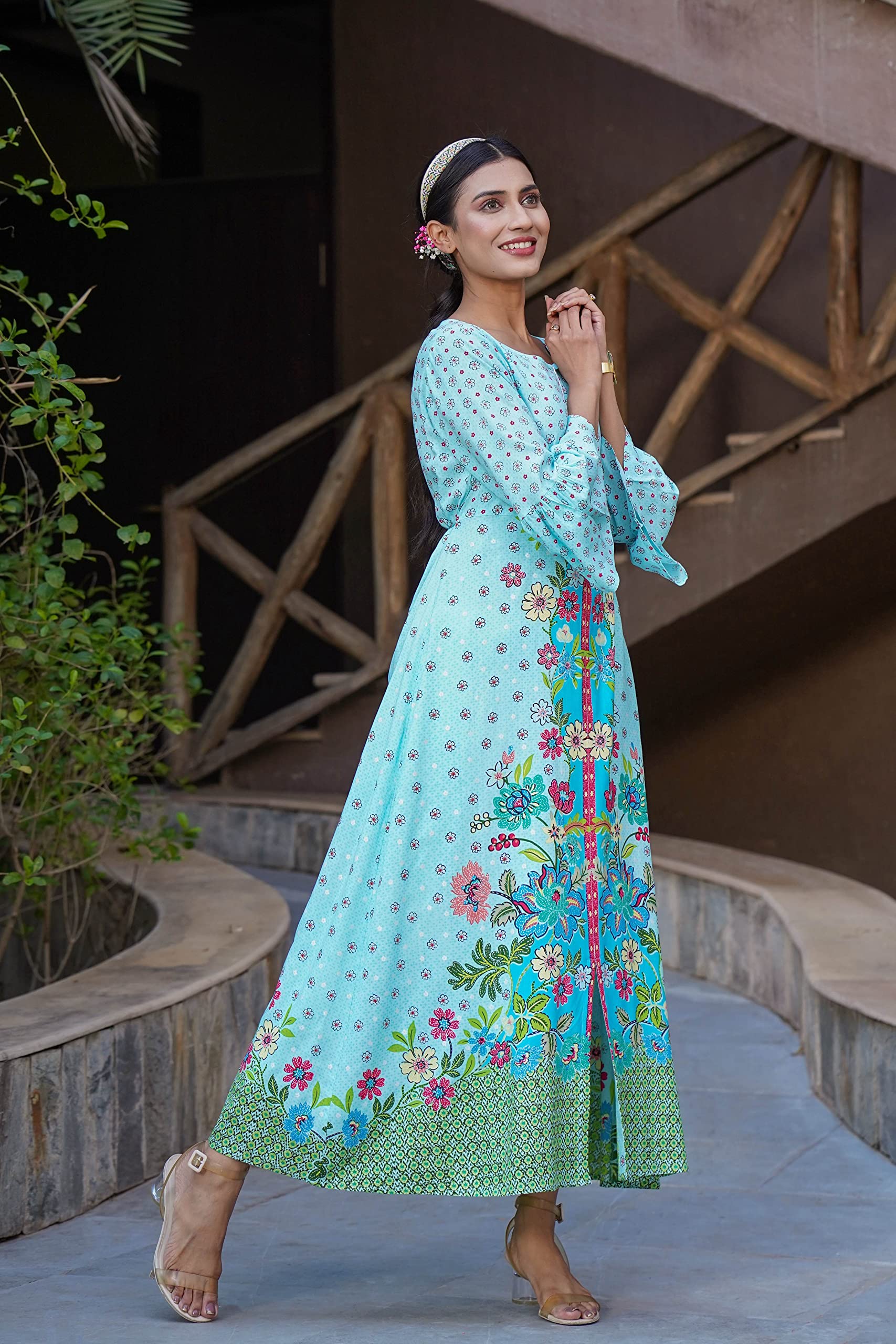 Juniper Women's Sky Blue Floral Printed Rayon Kurta With Buttons Closure At Back - Distacart