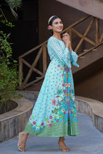 Thumbnail for Juniper Women's Sky Blue Floral Printed Rayon Kurta With Buttons Closure At Back - Distacart
