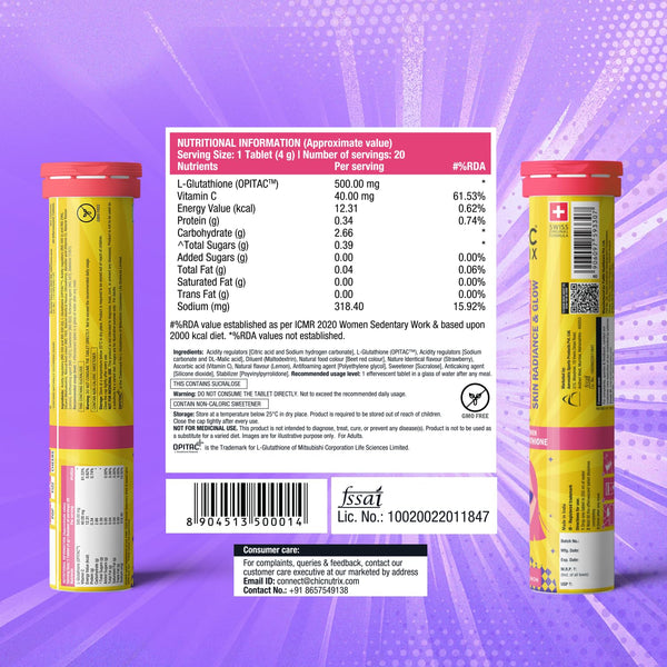 Chicnutrix Glow 500mg Effervescent Tablets - Strawberry & Lemon Flavor, For Glow & Radiance Skin