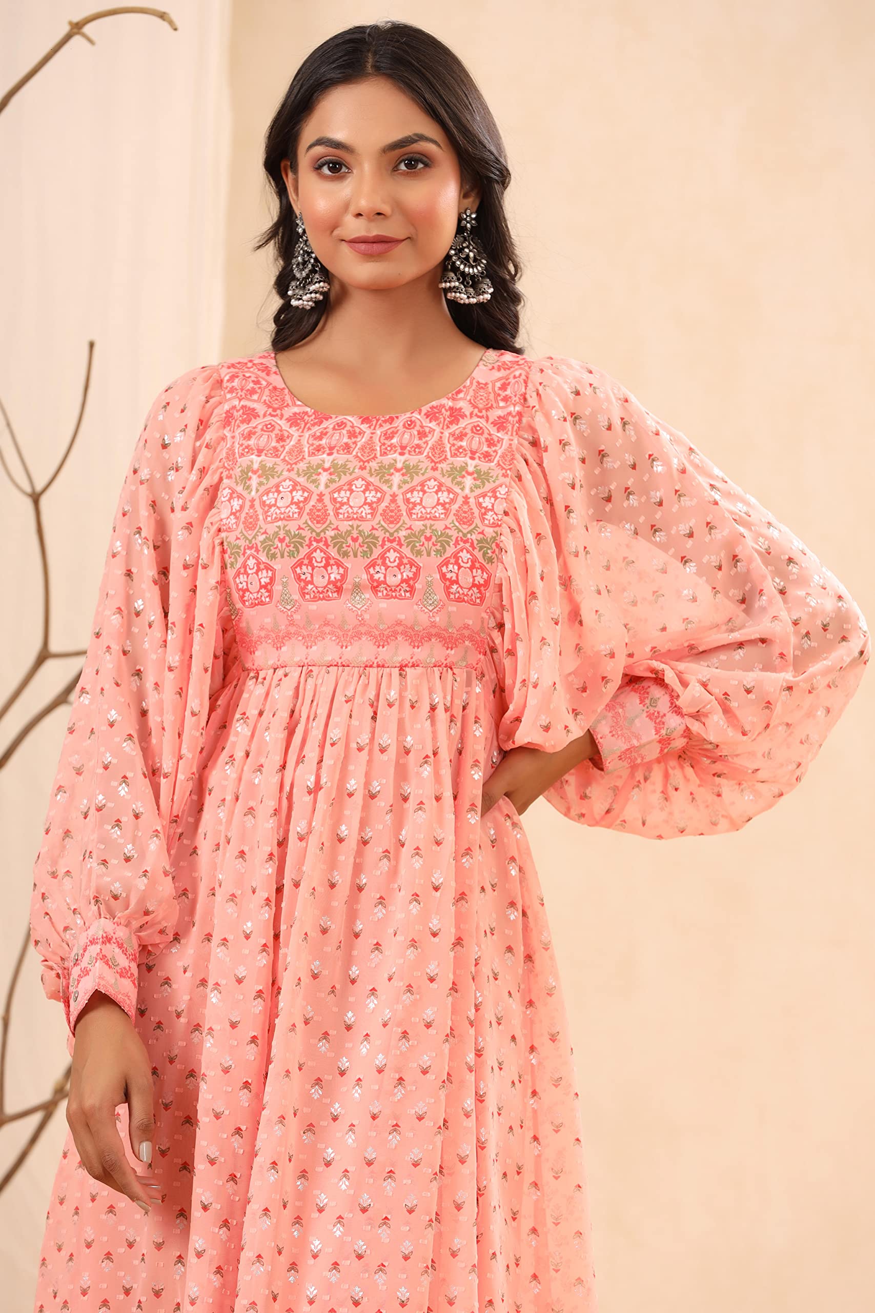 Juniper Women's Peach Ethnic Motif Printed Georgette Midi Dress With Sequins Work - Distacart