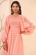 Thumbnail for Juniper Women's Peach Ethnic Motif Printed Georgette Midi Dress With Sequins Work - Distacart