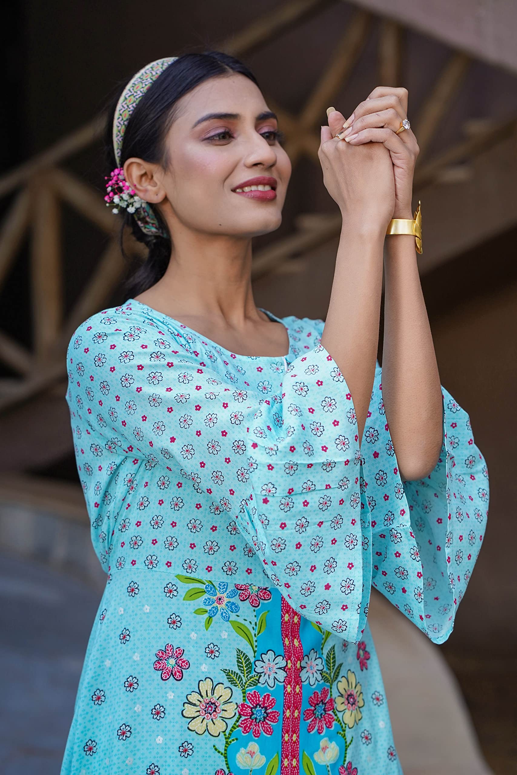 Juniper Women's Sky Blue Floral Printed Rayon Kurta With Buttons Closure At Back - Distacart