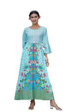 Thumbnail for Juniper Women's Sky Blue Floral Printed Rayon Kurta With Buttons Closure At Back - Distacart
