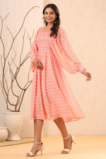 Thumbnail for Juniper Women's Peach Ethnic Motif Printed Georgette Midi Dress With Sequins Work - Distacart