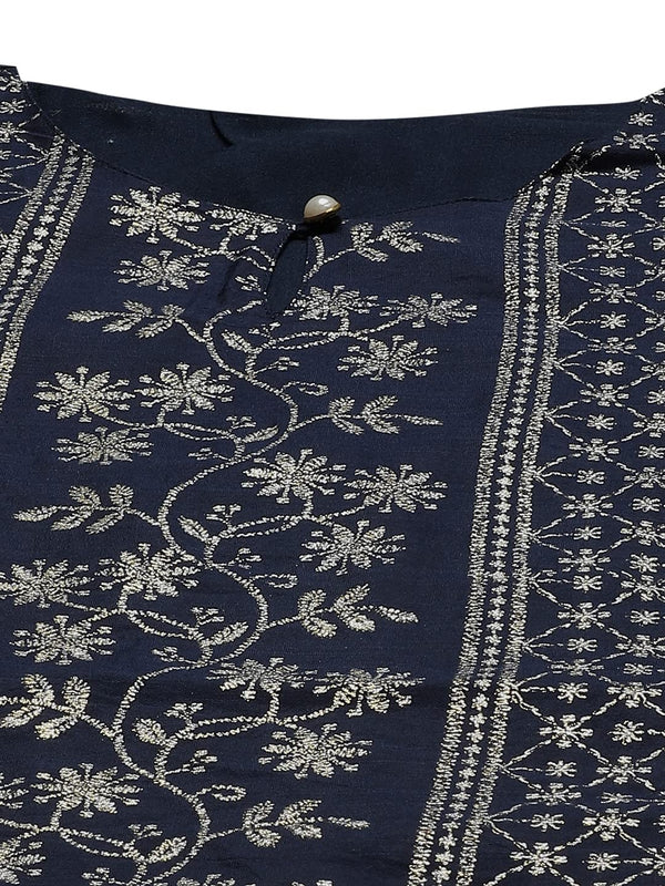 Juniper Women's Indigo Floral Printed Chanderi A-Line Kurta - Distacart