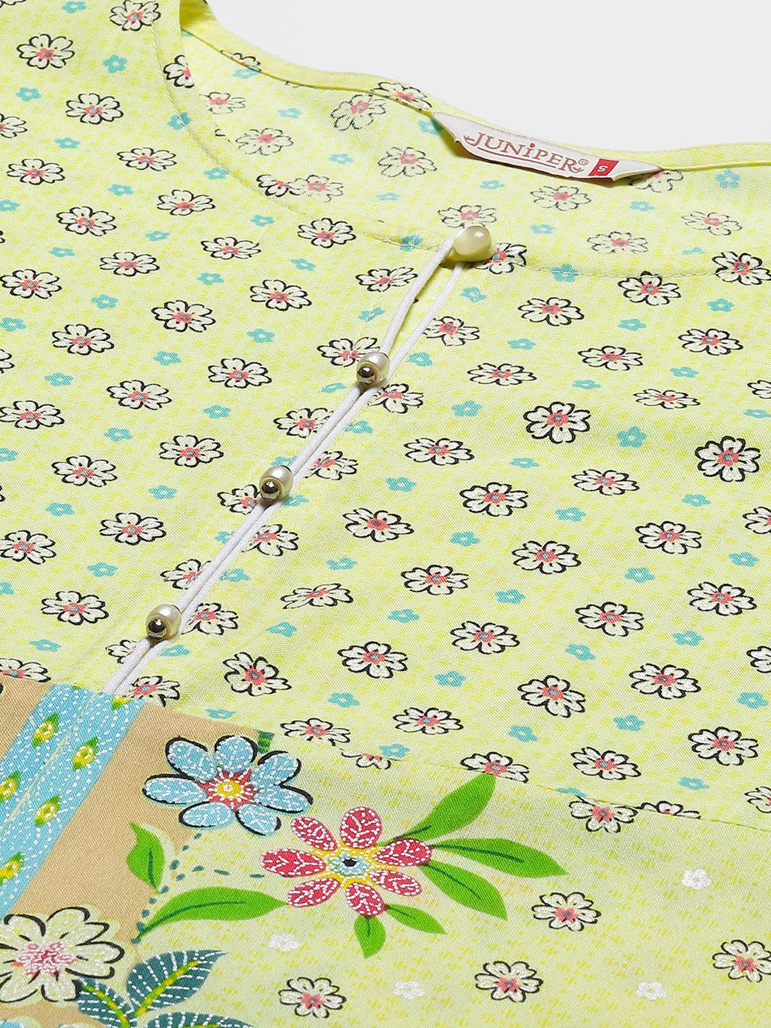 Juniper Women's Lime Floral Printed Rayon Kurta With Buttons Closure At Back - Distacart