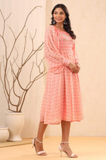 Thumbnail for Juniper Women's Peach Ethnic Motif Printed Georgette Midi Dress With Sequins Work - Distacart