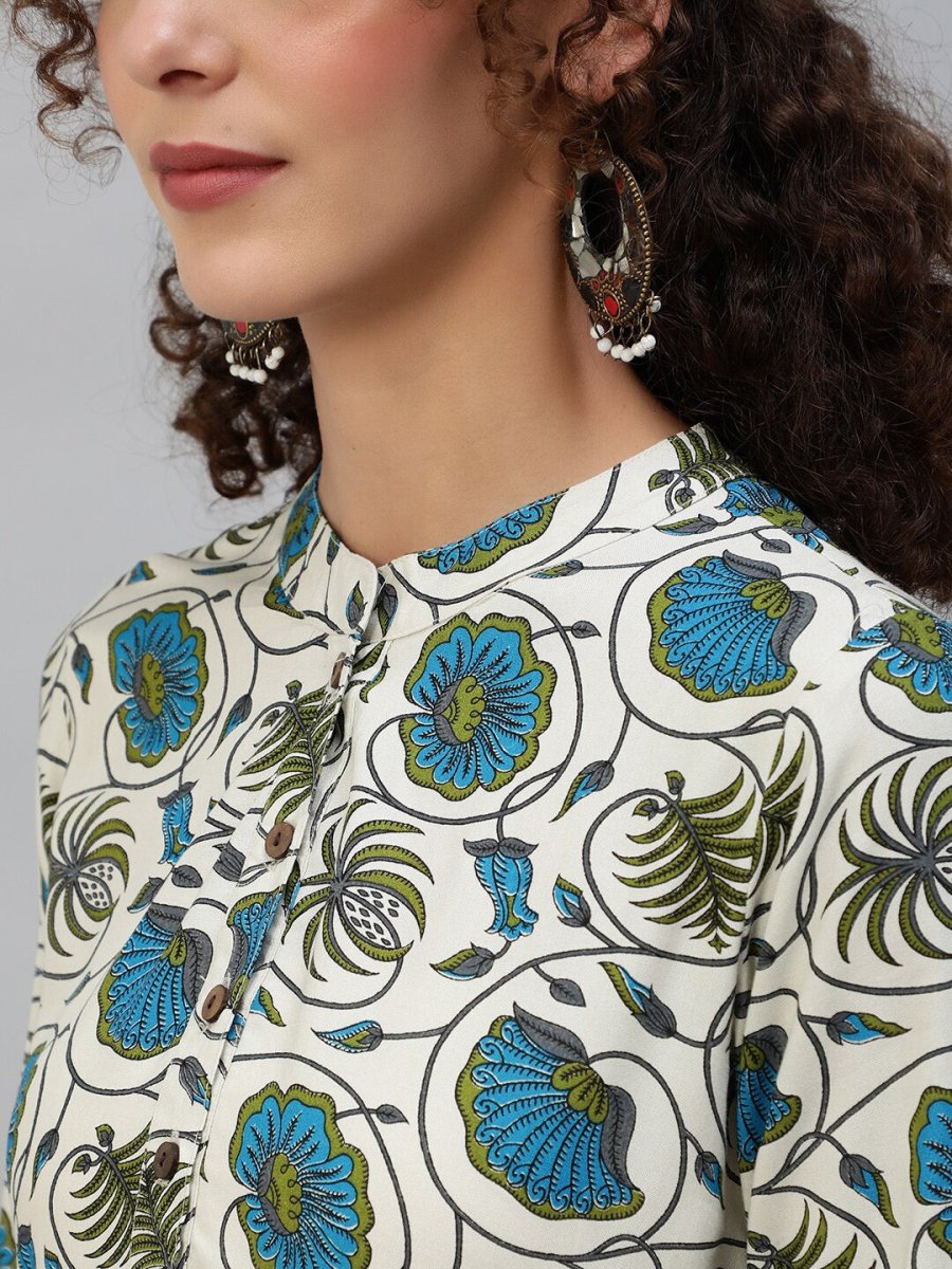 Aks Floral Printed Band Collar Regular Kurta with Trousers - Distacart