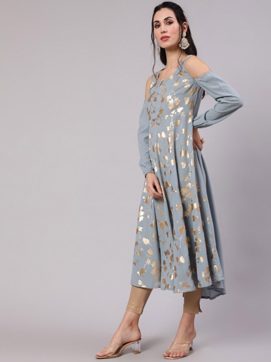 Aks Floral Printed Cold Shoulder Sleeves Pure Georgette Anarkali Kurta - Distacart