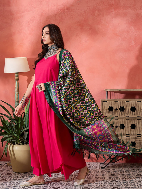 InWeave Fuchsia Strappy Kurta Set Green Patola Dupatta - Distacart