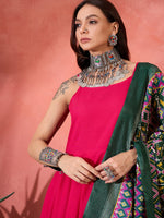 Thumbnail for InWeave Fuchsia Strappy Kurta Set Green Patola Dupatta - Distacart