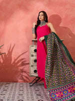 Thumbnail for InWeave Fuchsia Strappy Kurta Set Green Patola Dupatta - Distacart