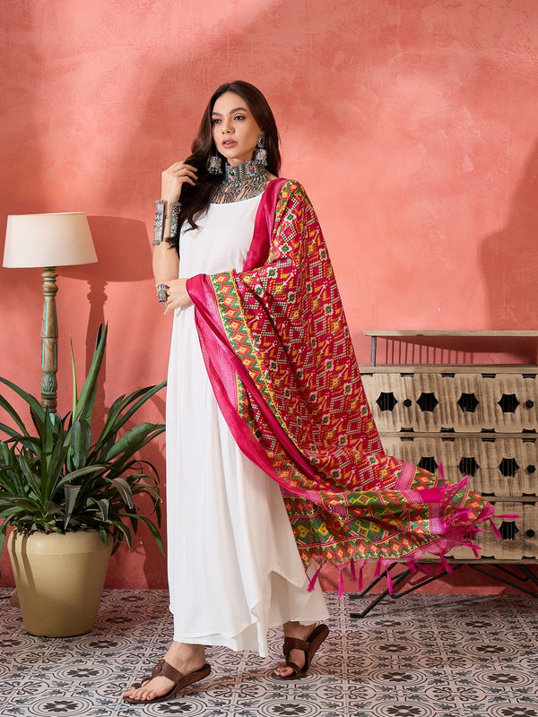 InWeave White Strappy Kurta Set Pink Patola Dupatta - Distacart