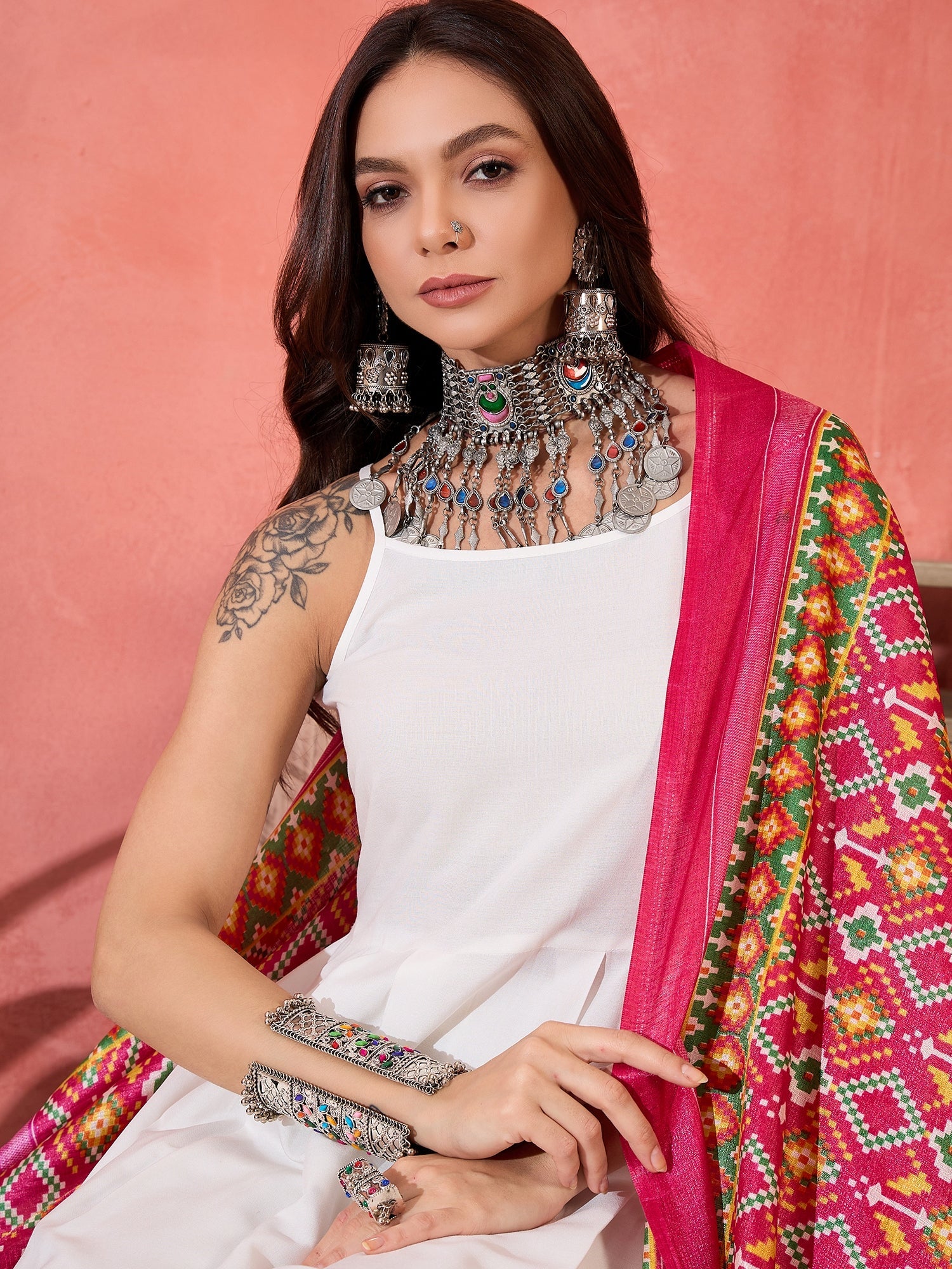 InWeave White Strappy Kurta Set Pink Patola Dupatta - Distacart