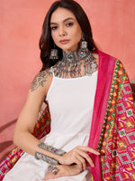 Thumbnail for InWeave White Strappy Kurta Set Pink Patola Dupatta - Distacart