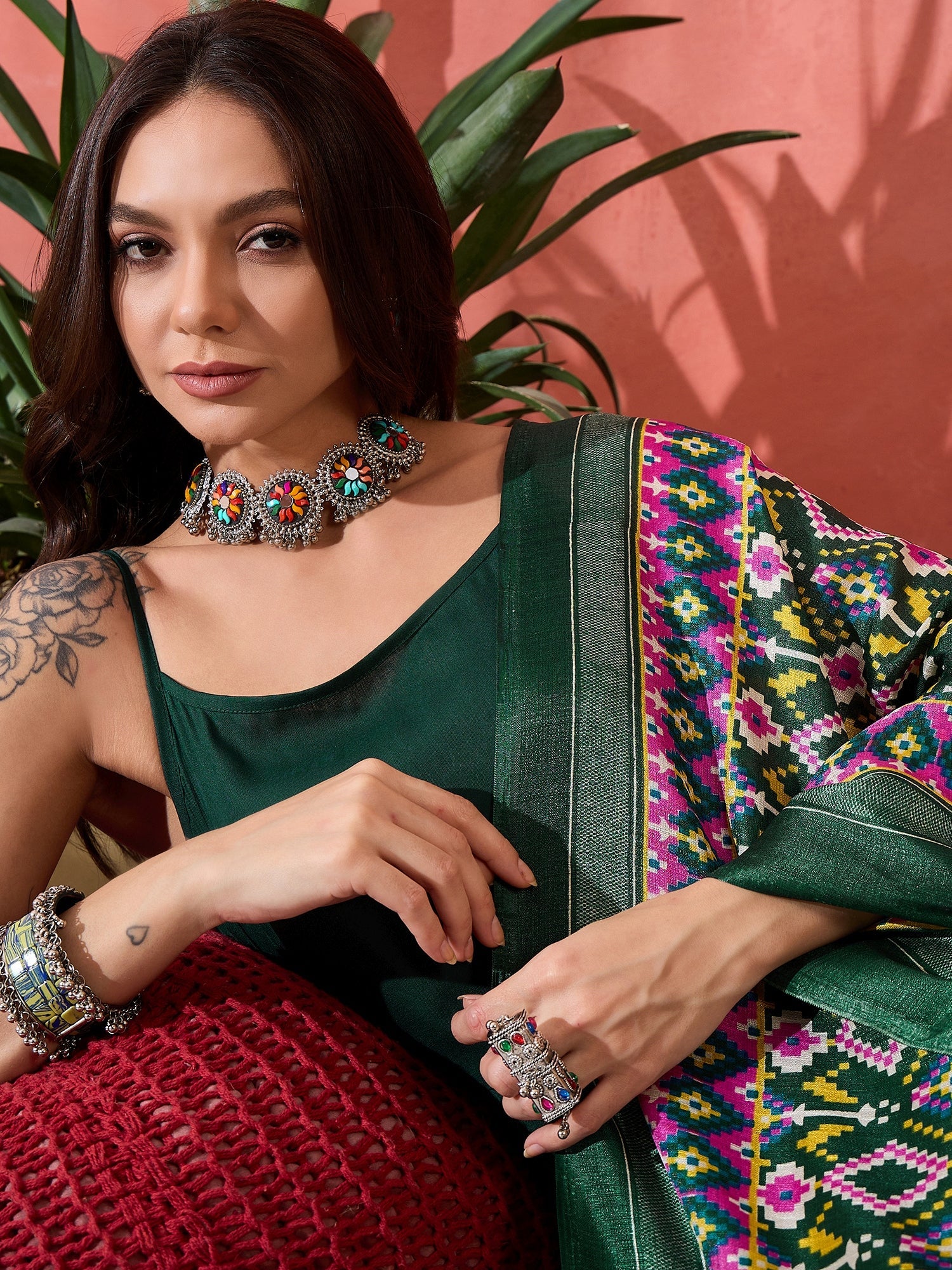 InWeave Green Strappy Kurta Set Green Patola Dupatta - Distacart