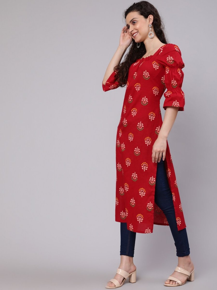 Aks Ethnic Motifs Printed Square Neck Puff Sleeves Cotton Kurta - Distacart