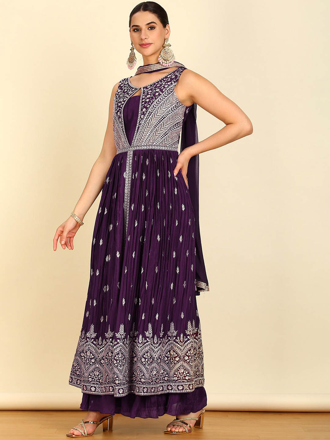 Soch Round Neck Ethnic Motifs Embroidered Pleated Beads and Stones Kurta Set - Distacart