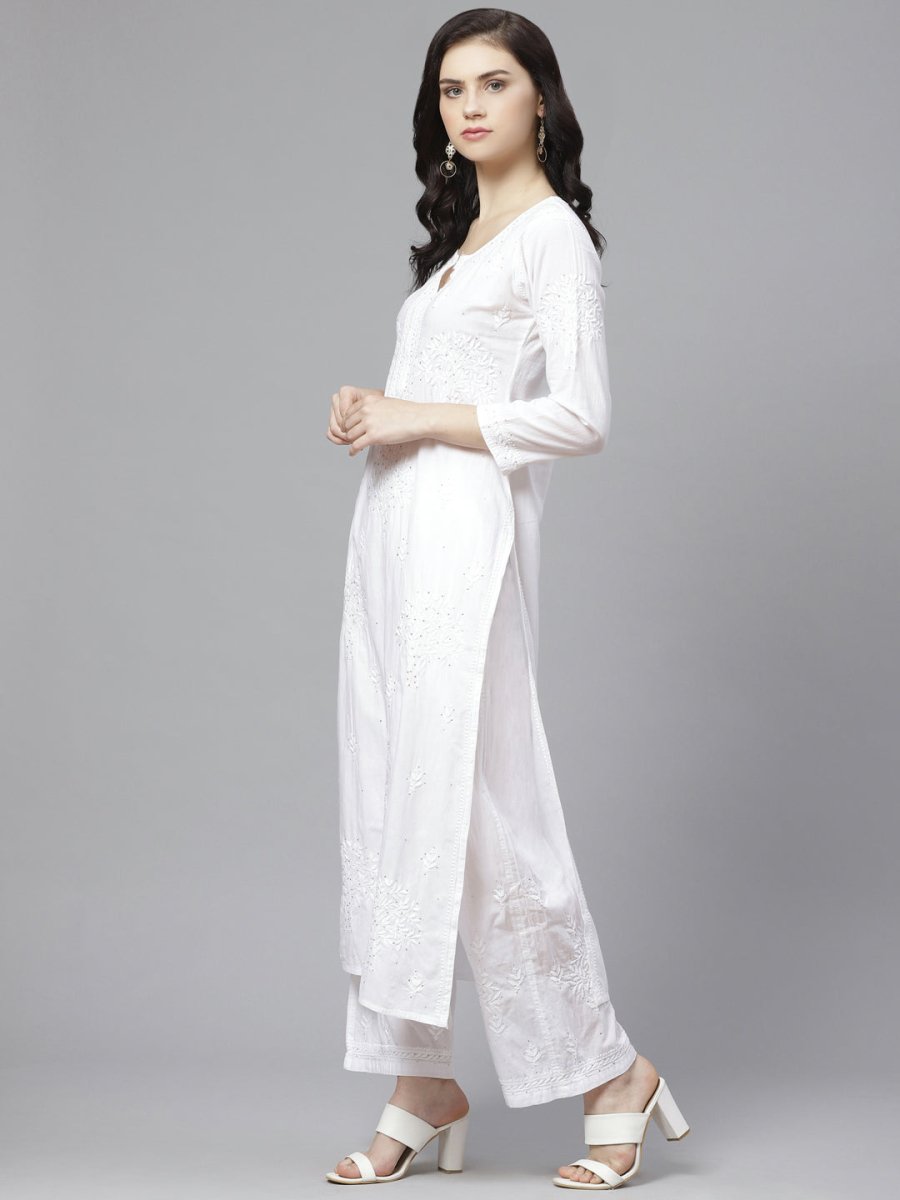 ADA Women White Chikankari Embroidered Sustainable Kurta with Palazzos - Distacart