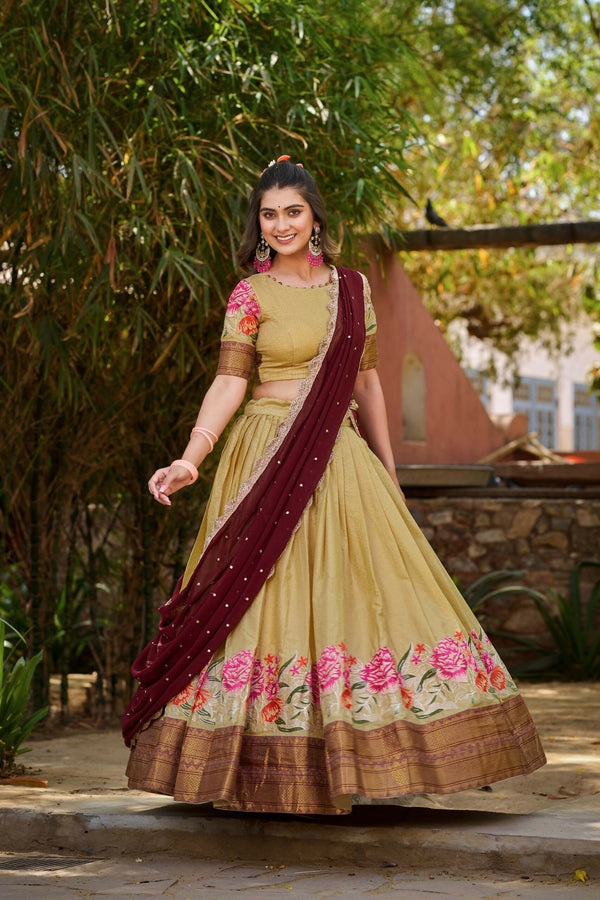 Vastranavya Stunning Cotton Silk Thread Embroidery Work Lehenga Choli - Cream - Distacart