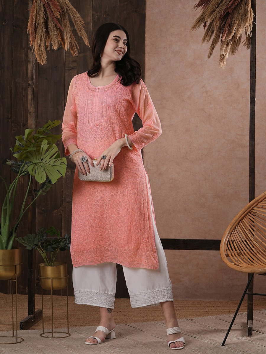 ADA Women Peach-Coloured Chikankari Hand Embroidered Straight Kota Handloom Kurta With Matching Slip - Distacart