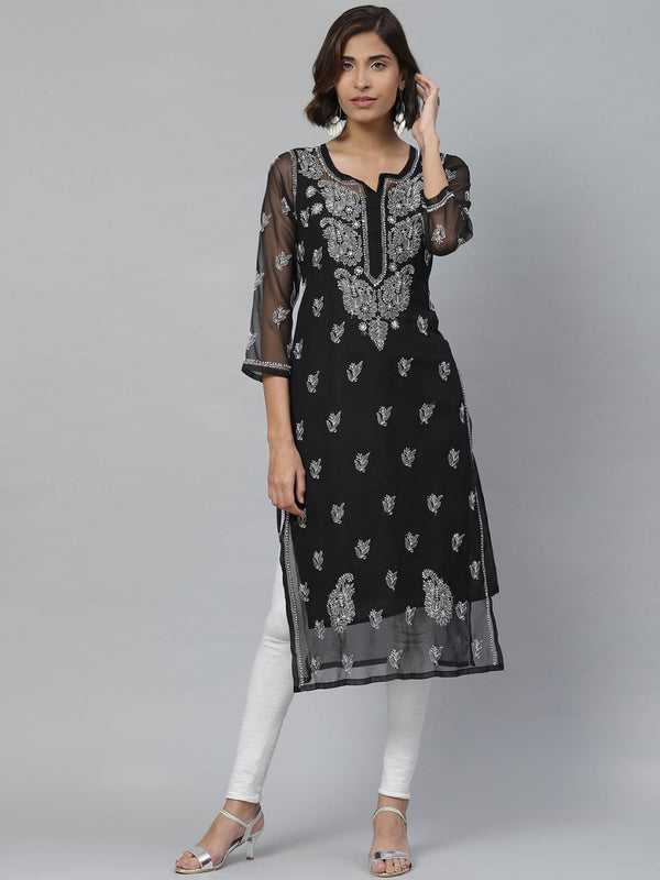 ADA Women Black & White Paisley Chikankari Embroidered Straight Handloom Kurta - Distacart