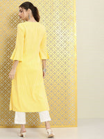 Thumbnail for Ode by House of Pataudi Women Yellow & White Striped Bell Sleeves Rozana Kurta - Distacart