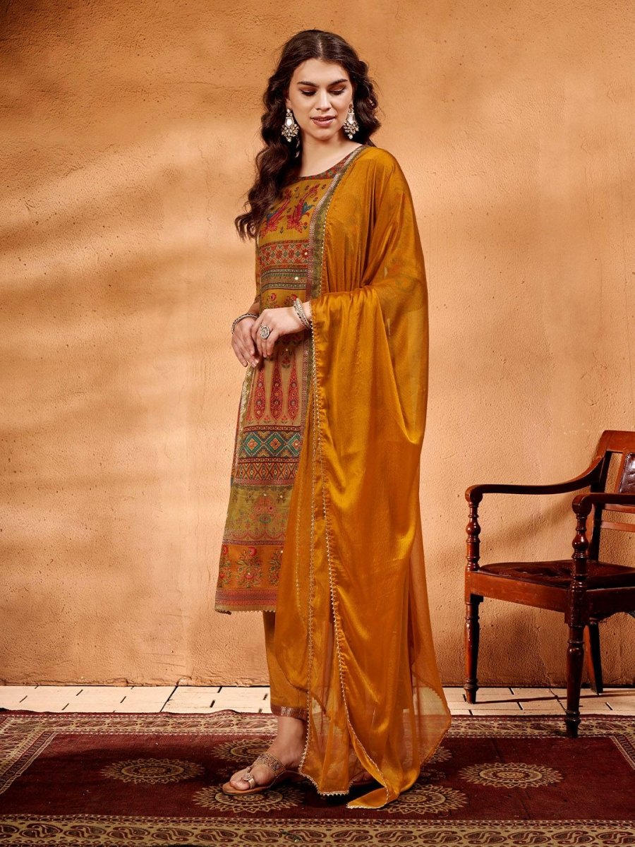 Anouk Ethnic Motifs Printed Mirror Work Pure Silk Straight Kurta with Trousers & Dupatta