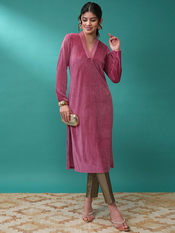 Vishudh Pink V Neck Long Sleeves Gotta Patti Kurta - Distacart
