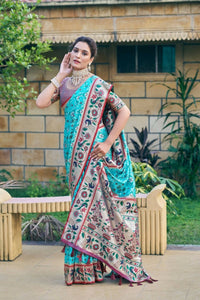 Thumbnail for Aastha Fashion Turquoise Woven Patola Silk Saree with Blouse - Distacart