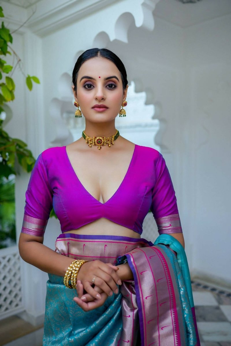 Aastha Fashion Teal Woven Kanjivaram Silk Saree with Blouse - Distacart