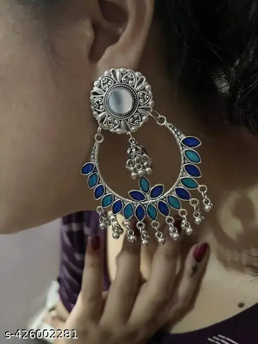 Tehzeeb Creations Women's Silver Plated Blue Meenakari Earrings