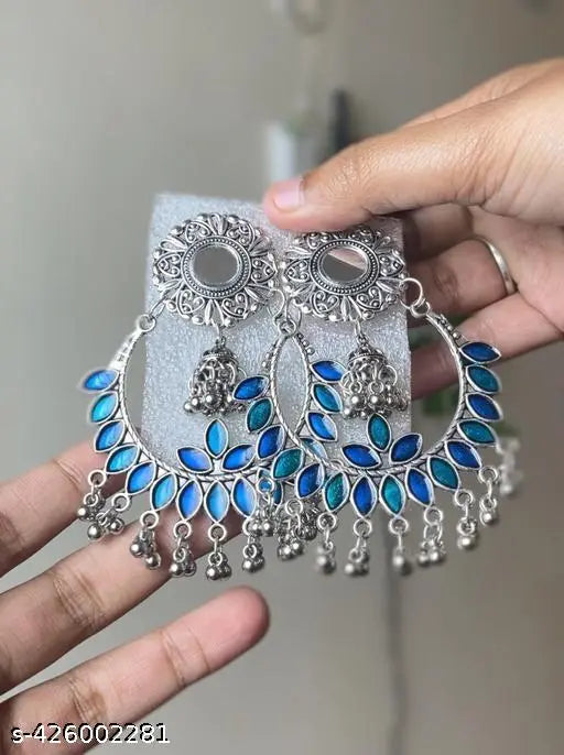 Tehzeeb Creations Women's Silver Plated Blue Meenakari Earrings