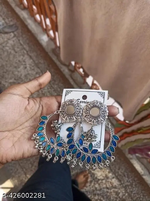 Tehzeeb Creations Women's Silver Plated Blue Meenakari Earrings