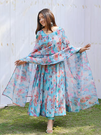 Thumbnail for Kalini Floral Printed Gotta Patti Anarkali Kurta With Trousers & Dupatta - Distacart