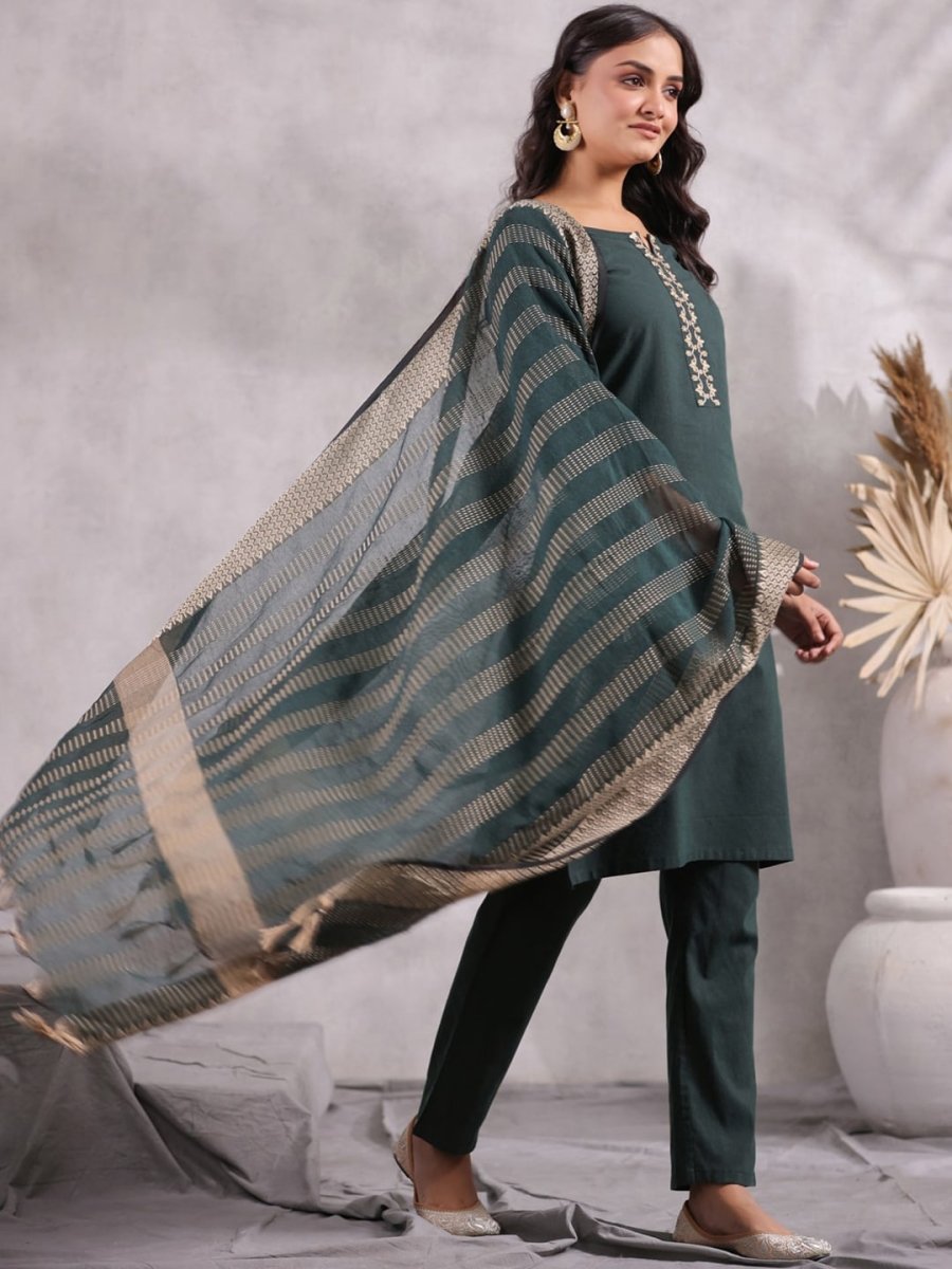 Anubhutee Ethnic Motifs Emrboidered Sequined Pure Cotton Kurta with Trousers & Dupatta - Distacart