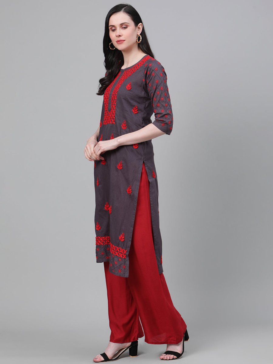 ADA Women Charcoal Grey & Red Chikankari Hand Embroidered Cotton Straight Sustainable Handloom Kurta - Distacart