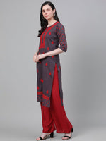 Thumbnail for ADA Women Charcoal Grey & Red Chikankari Hand Embroidered Cotton Straight Sustainable Handloom Kurta - Distacart