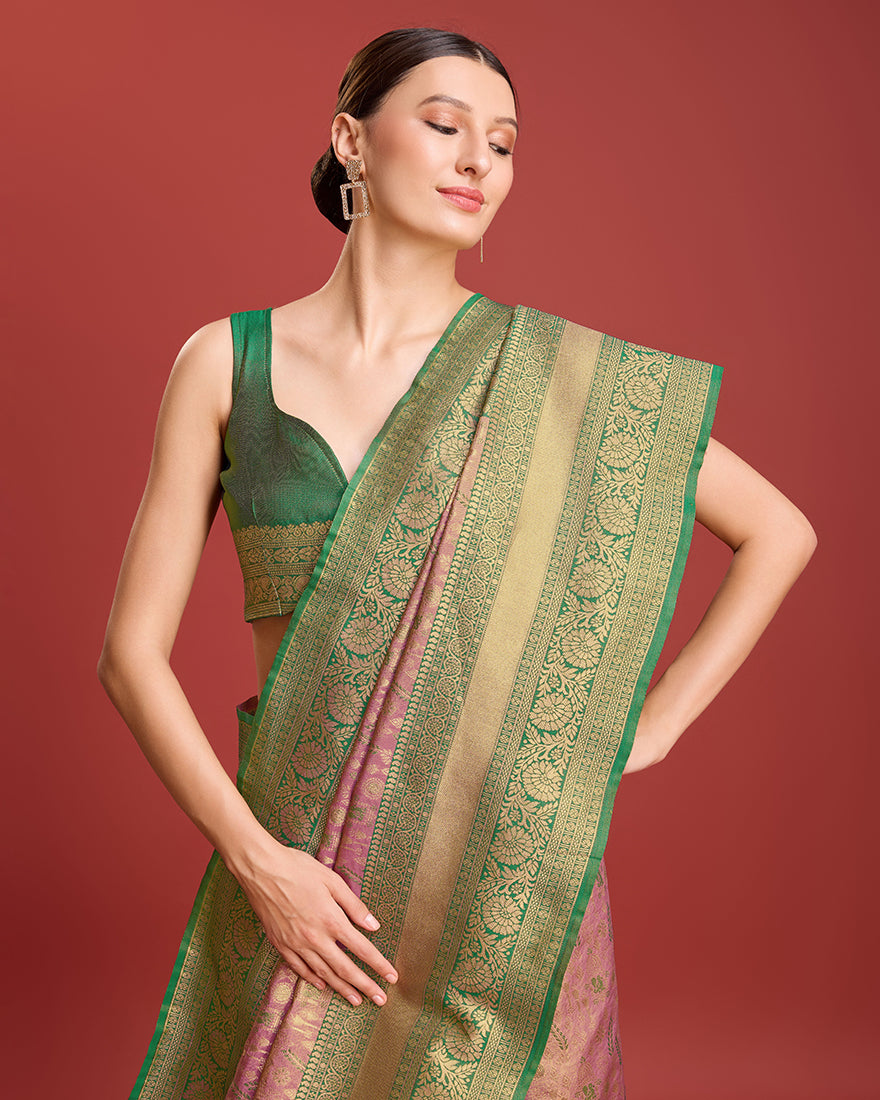 Monjolika Fashion Glamour And Tradition With This Rose Pink Color Zari Woven Banarasi Tissue Silk Saree - Distacart