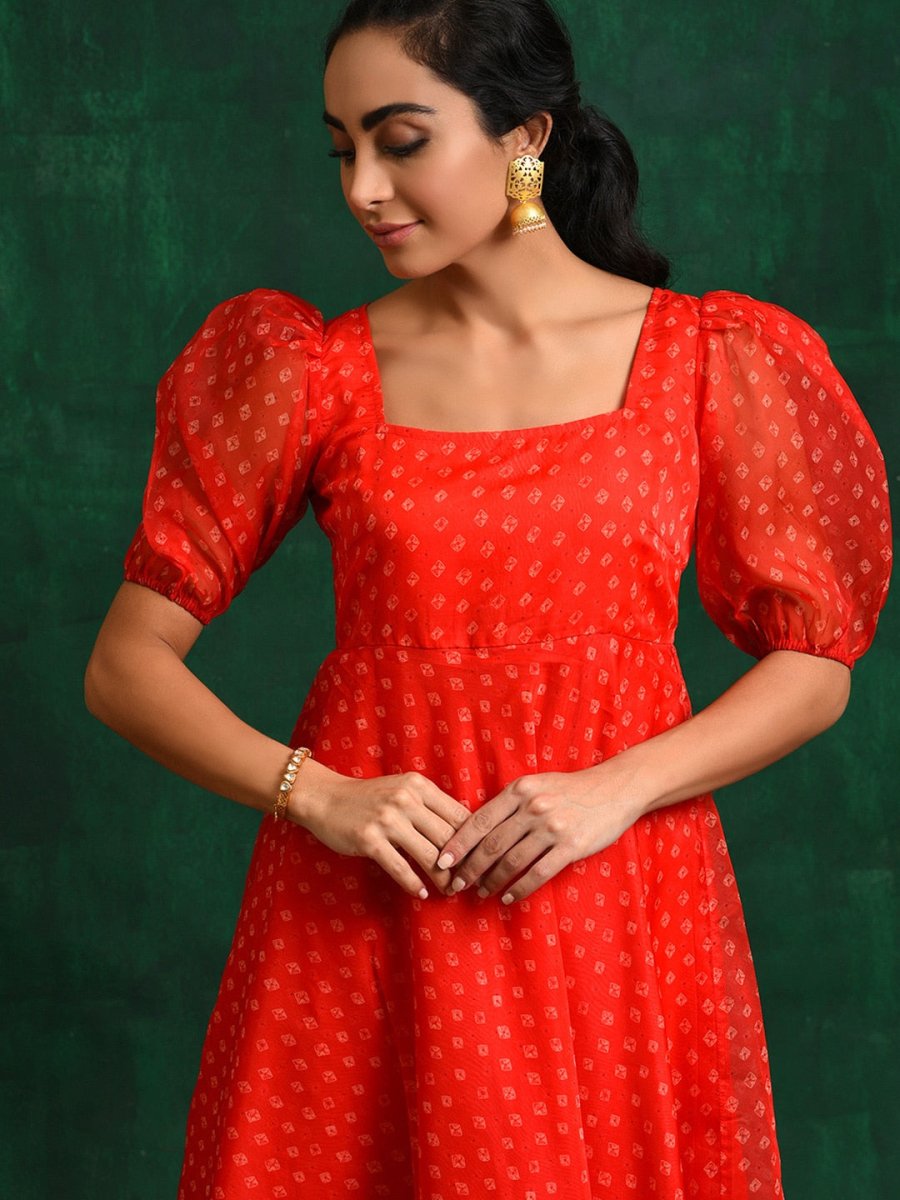 Aks Geometric Printed Sweetheart Neck Puff Sleeves Anarkali Kurta - Distacart