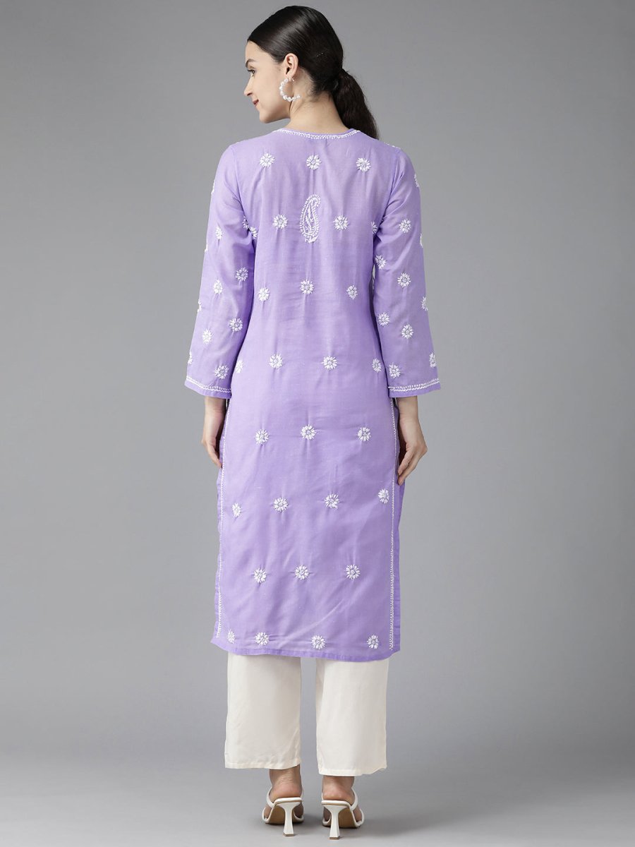 ADA Women Mauve & White Ethnic Motifs Embroidered Chikankari Kurta - Distacart